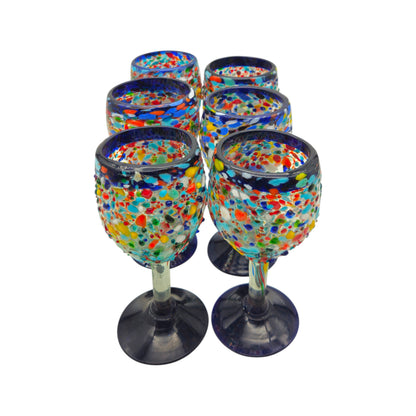 Hand Blown Mexican Wine Glasses | Blue Rim Confetti Design