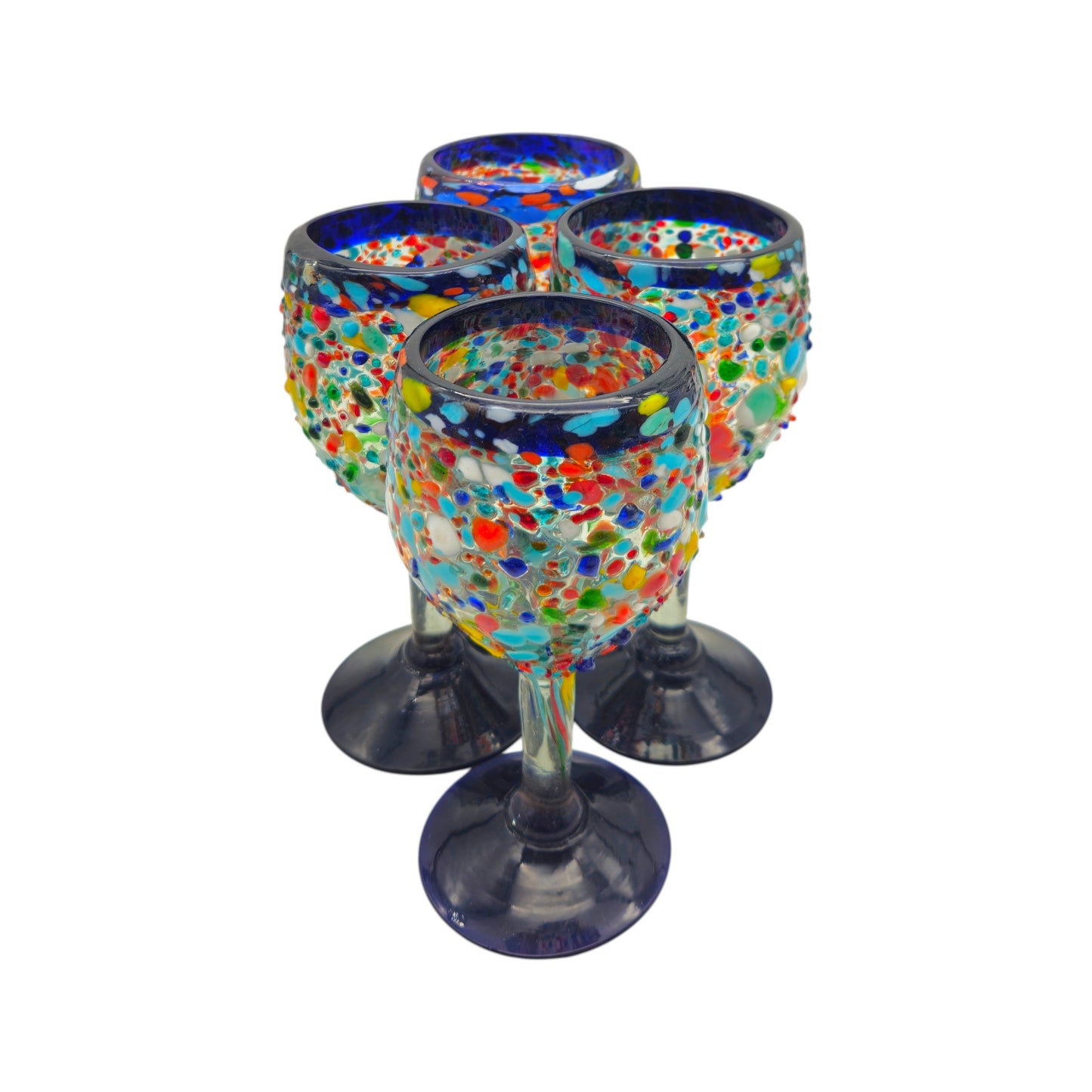 Hand Blown Mexican Wine Glasses | Blue Rim Confetti Design