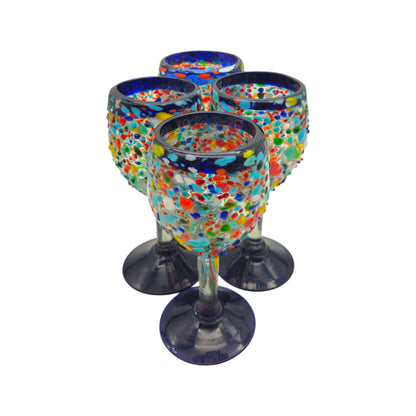 Hand Blown Mexican Wine Glasses | Blue Rim Confetti Design