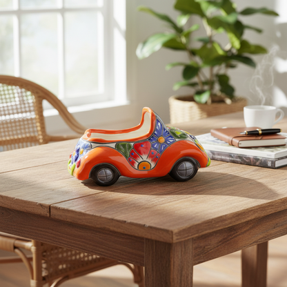 Colorful Hand-Painted Talavera Car Planter | Small Ceramic Car Statue