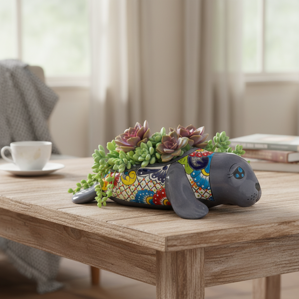 Mexican Handmade Seal Planter | Colorful Talavera Seal (Medium Size)