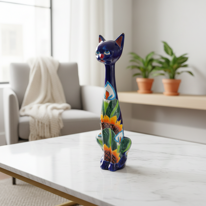 Tall Talavera Cat Statue | Handmade Mexican Sunflower Decor