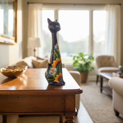 Tall Talavera Cat Statue | Handmade Mexican Sunflower Decor