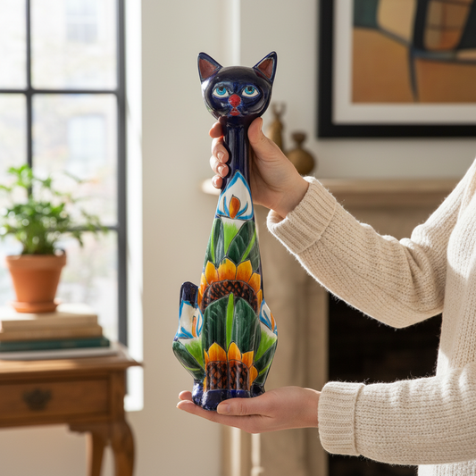 Tall Talavera Cat Statue | Handmade Mexican Sunflower Decor