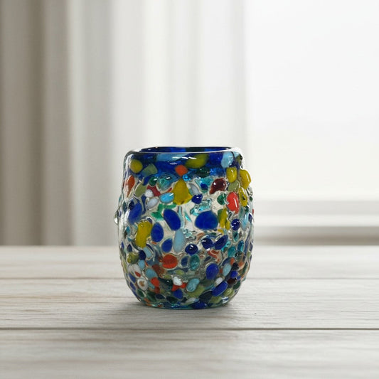 Confetti Rimmed Shot Glass | Hand-Blown Mexican Glassware with Blue Rim