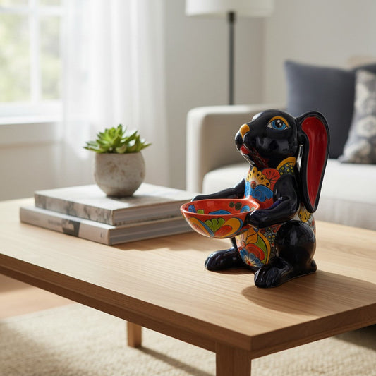 Vibrant Handcrafted Talavera Bunny Statue | Mexican Folk Art Feeder