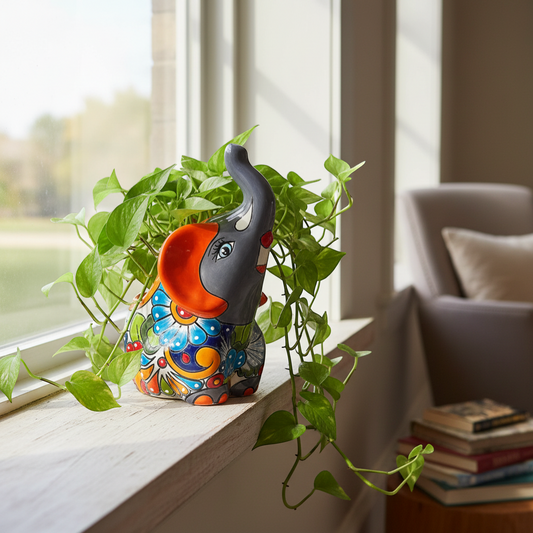 Handmade Talavera Elephant Planter | Colorful Medium Animal Art