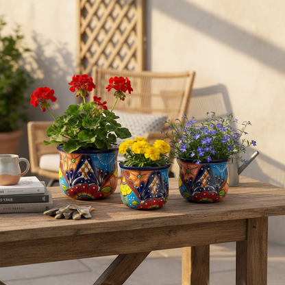 Set of 3 Talavera Flower Pots | Colorful Hand-Painted Mexican Planters