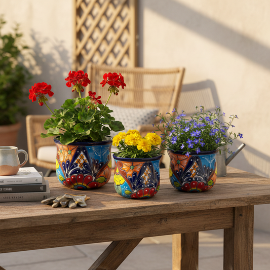 Set of 3 Talavera Flower Pots | Colorful Hand-Painted Mexican Planters