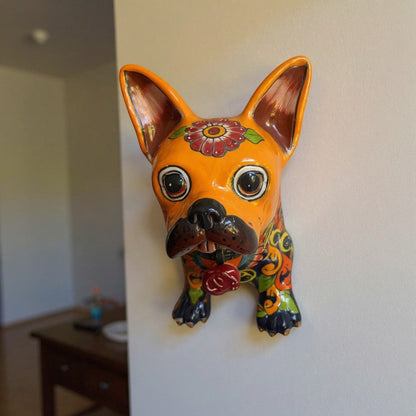Colorful Talavera French Bulldog Statue | Handcrafted Wall Art (Medium)