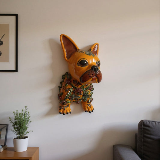 Colorful Talavera French Bulldog Statue | Handcrafted Wall Art (Medium)