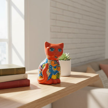 Hand-Painted Talavera Cat Statue | Medium Mexican Folk Art