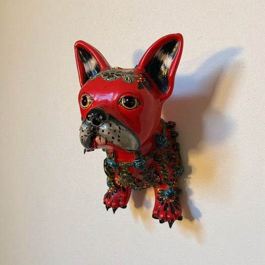Colorful Talavera French Bulldog Statue | Handcrafted Wall Art (Medium)