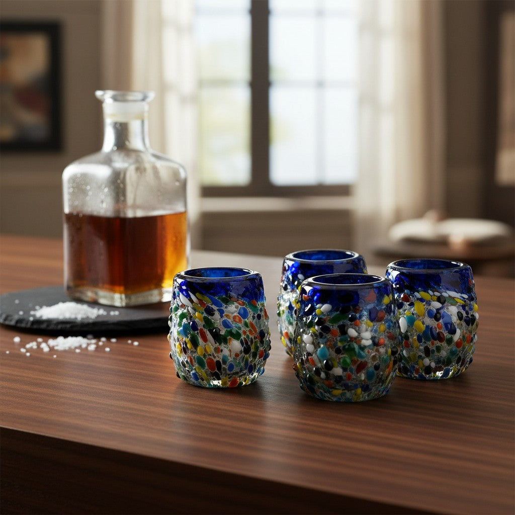 Confetti Rimmed Shot Glass | Hand-Blown Mexican Glassware with Blue Rim