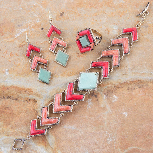 Green Turquoise and Coral Tapestry Golden Link Bracelet