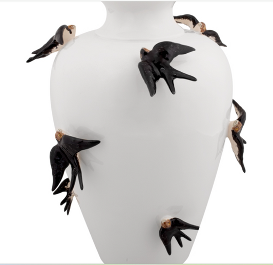 Large White Vase with handcrafted black swallows Fragola