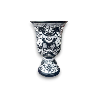 XL Black Talavera Planter | Hand-Painted Pedestal Flower Pot